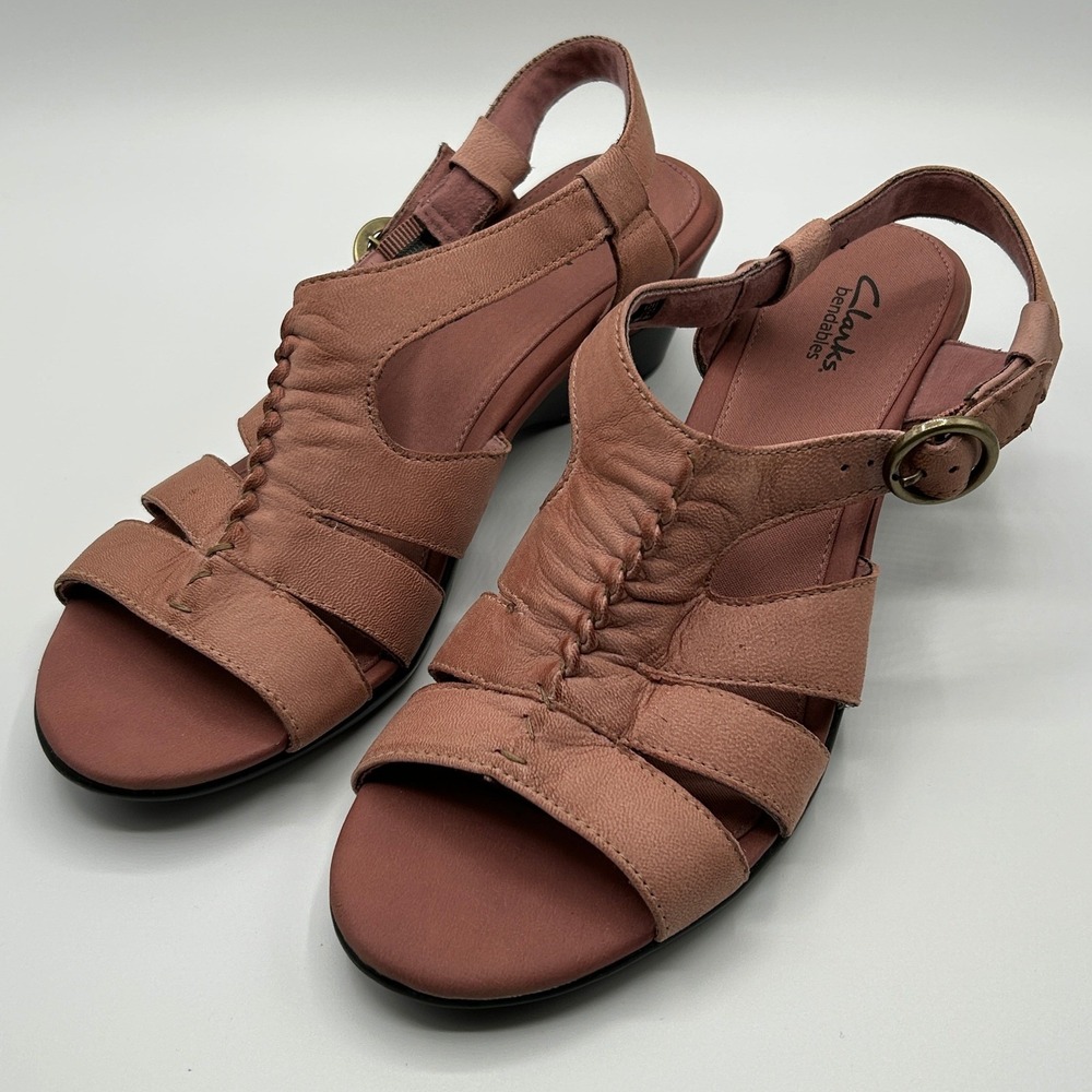 Clarks Bendables Dusty Rose Leather Ruched Wedge Slingback Sandals 9M Minimalist